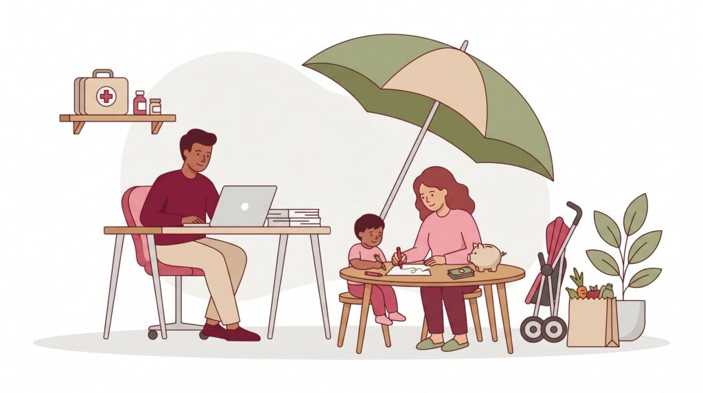 Illustration einer selbstständigen Familie im Homeoffice mit Partner und Kind, Symbolen für Krankenversicherung, Liquiditätsreserve und Einkommensschutz
