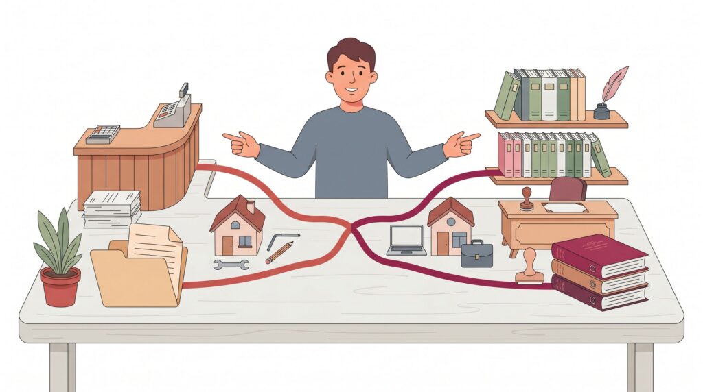 Illustration eines Solo-Gründers, der ein einfaches Einzelunternehmen mit einem eingetragenen Kaufmann an einem Schreibtisch vergleicht.