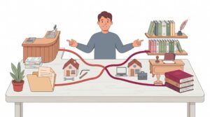 Illustration eines Solo-Gründers, der ein einfaches Einzelunternehmen mit einem eingetragenen Kaufmann an einem Schreibtisch vergleicht.