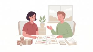 Zwei Personen prüfen in einem ruhigen Büro gemeinsam Vertragsunterlagen zu einer stillen Gesellschaft; auf dem Tisch liegen Geldstapel, Unterlagen und ein Rechner.
