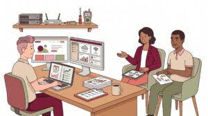 Selbstständiger IT-Profi berät zwei kleine Unternehmen zu Web, Cloud, Support und IT-Services an einem aufgeräumten Schreibtisch.