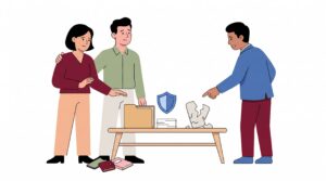 Zwei GbR-Partner stehen besorgt neben einem beschädigten Kundengegenstand, während ein Kunde auf den Schaden zeigt; auf dem Tisch liegen Vertragsunterlagen und ein Versicherungsschild, daneben persönliche Gegenstände als Hinweis auf privates Haftungsrisiko.
