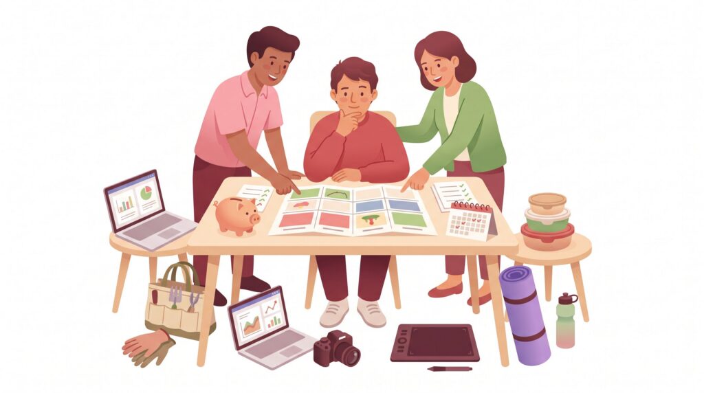 Illustration eines angehenden Gründers am Schreibtisch mit zwei Beratern, die verschiedene Ideen für die Selbstständigkeit anhand von Arbeitsmaterialien aus digitalen, kreativen, praktischen, gesundheitlichen und gastronomischen Bereichen vergleichen.