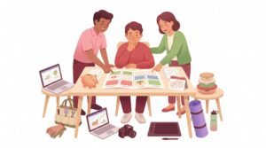 Illustration eines angehenden Gründers am Schreibtisch mit zwei Beratern, die verschiedene Ideen für die Selbstständigkeit anhand von Arbeitsmaterialien aus digitalen, kreativen, praktischen, gesundheitlichen und gastronomischen Bereichen vergleichen.