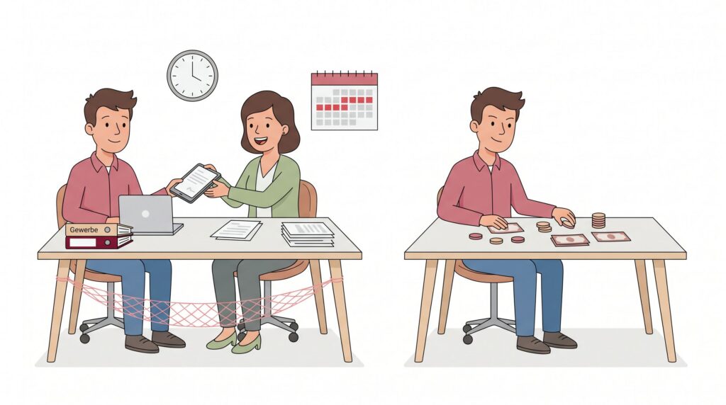 Illustration eines selbstständigen Freelancers beim Antrag auf freiwillige Arbeitslosenversicherung und bei der Finanzplanung
