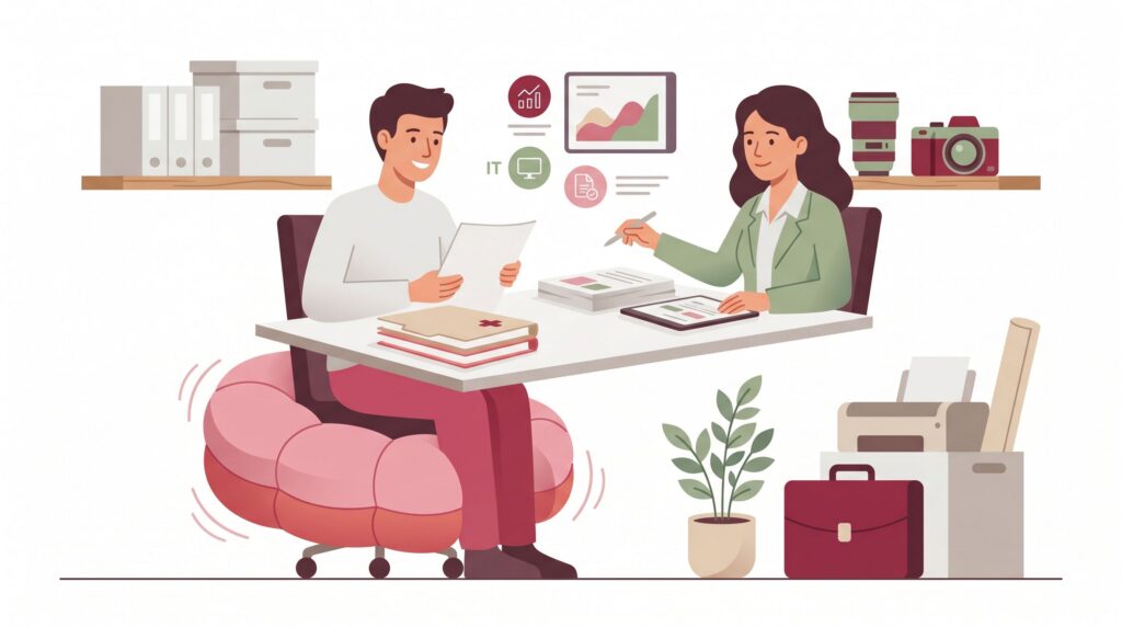 Illustration eines Freelancers am Schreibtisch mit Beraterin, Unterlagen und typischen Versicherungsrisiken im Arbeitsumfeld