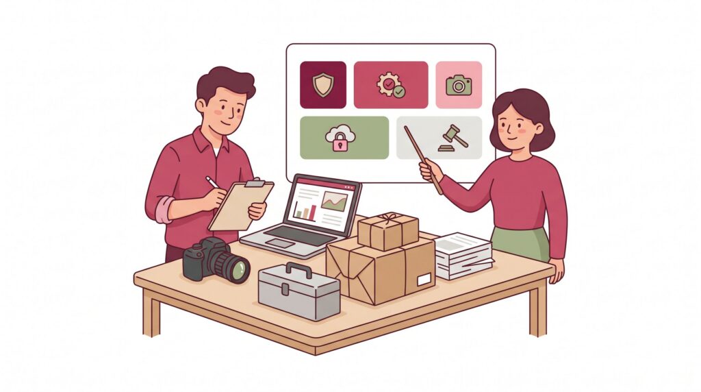 Freundliche Illustration eines Nebengewerbe-Inhabers und einer Beraterin am Schreibtisch bei der Auswahl passender Versicherungen mit Kamera, Werkzeugkoffer, Paketen, Unterlagen und Computer.