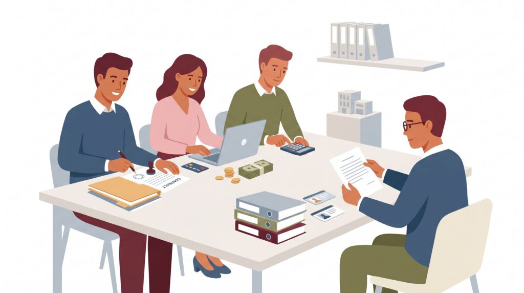 Illustration zur GmbH-Gründung mit Gründern, Notar, Vertragsunterlagen, Geschäftskonto und Stammkapital am Besprechungstisch