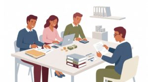 Illustration zur GmbH-Gründung mit Gründern, Notar, Vertragsunterlagen, Geschäftskonto und Stammkapital am Besprechungstisch