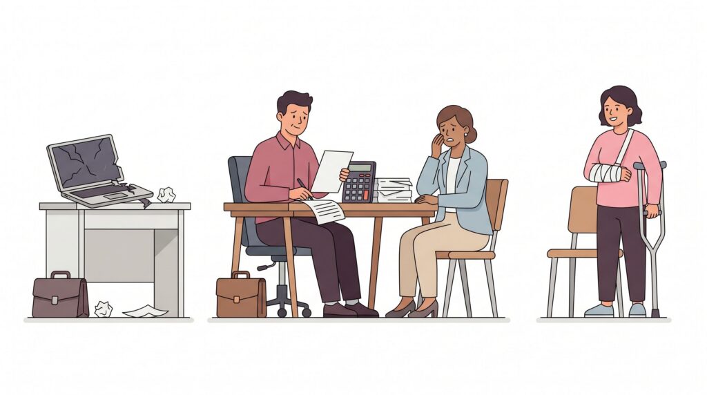 Illustration zu Vermögensschaden mit Selbstständigem am Schreibtisch, finanziell betroffener Kundin, beschädigtem Laptop und verletzter Person