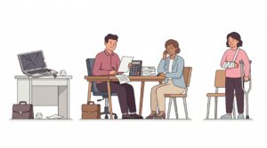 Illustration zu Vermögensschaden mit Selbstständigem am Schreibtisch, finanziell betroffener Kundin, beschädigtem Laptop und verletzter Person