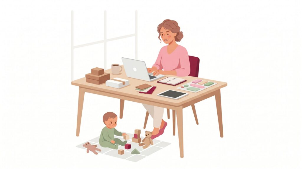Illustration einer Mutter, die am Esstisch im Homeoffice arbeitet, während ein Kleinkind daneben spielt.