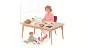 Illustration einer Mutter, die am Esstisch im Homeoffice arbeitet, während ein Kleinkind daneben spielt.