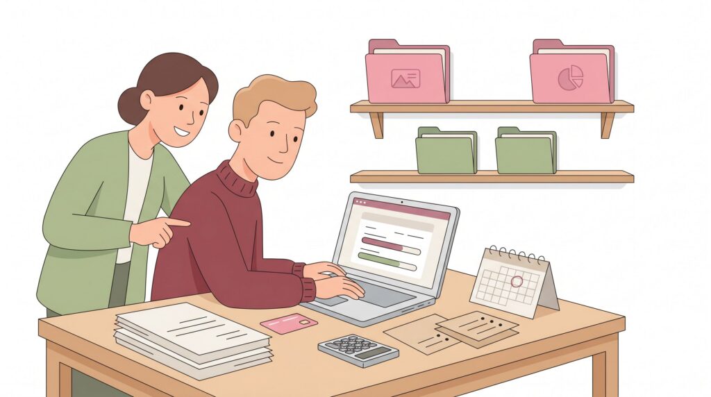 Illustration eines Selbstständigen, der mit Unterstützung einer Beraterin den Fragebogen zur steuerlichen Erfassung am Laptop ausfüllt.