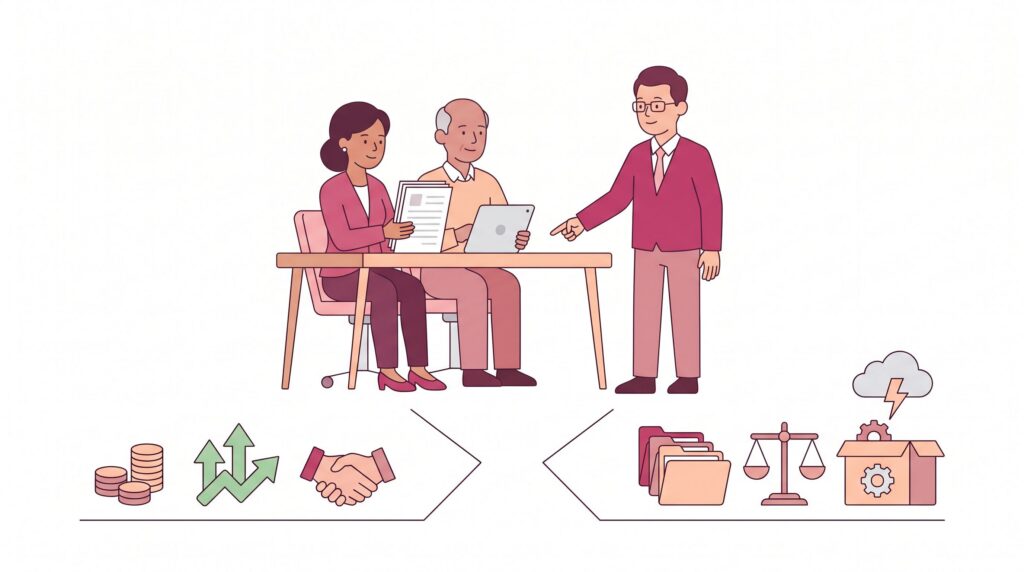 Illustration einer stillen Beteiligung mit Unternehmerin, stillem Investor und Steuerberater bei der Prüfung von Vertrag, Gewinnzurechnung und Risiken