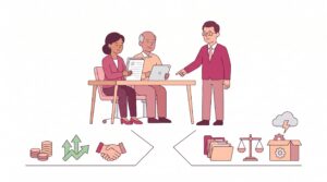 Illustration einer stillen Beteiligung mit Unternehmerin, stillem Investor und Steuerberater bei der Prüfung von Vertrag, Gewinnzurechnung und Risiken