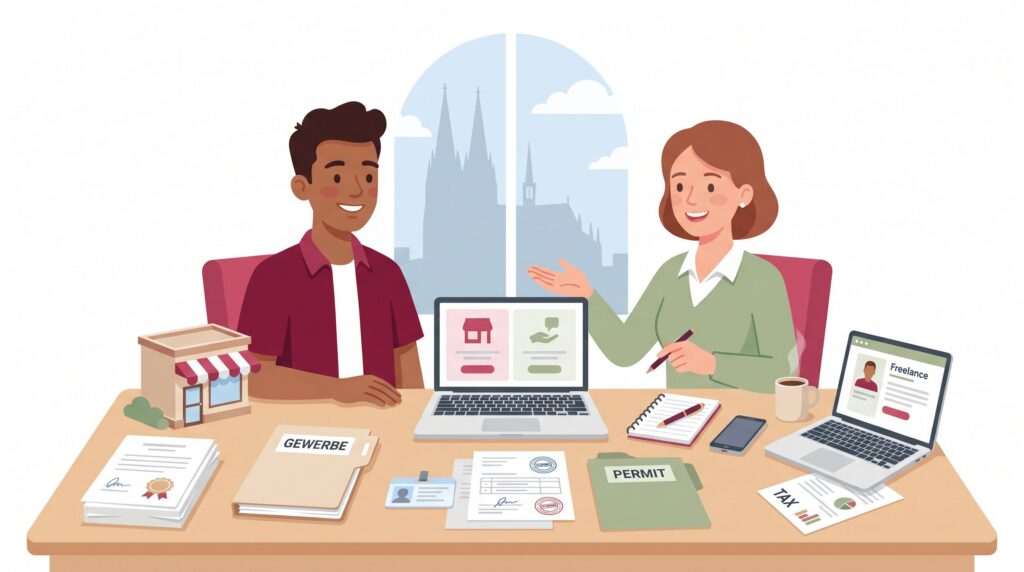Illustration zur Selbstständigkeitsanmeldung in Köln mit Vergleich zwischen Gewerbeanmeldung und freiberuflicher steuerlicher Erfassung