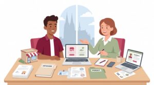 Illustration zur Selbstständigkeitsanmeldung in Köln mit Vergleich zwischen Gewerbeanmeldung und freiberuflicher steuerlicher Erfassung