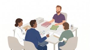 Finanzberater am Schreibtisch mit Ärztin, Anwalt und Architektin, die Unterlagen zu Kammermitgliedschaft, Versorgungswerk, Rentenversicherung und Berufshaftpflicht prüfen