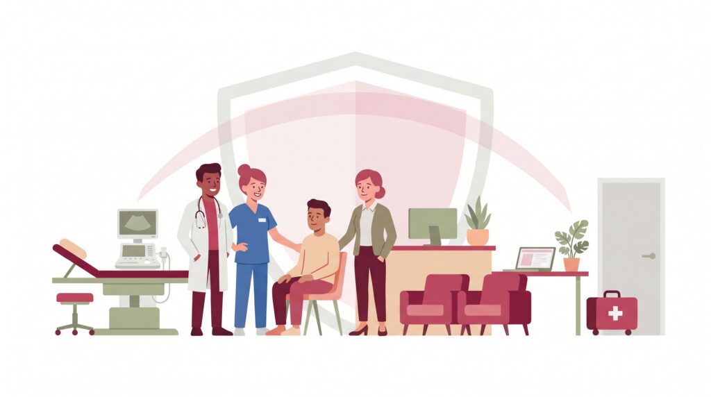 Freundliche Illustration einer Gesundheitspraxis mit Arzt, Physiotherapeutin, Heilpraktikerin und Patient unter einem schützenden Schirm beziehungsweise Schild als Symbol für Versicherungen im Heilberuf.