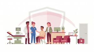 Freundliche Illustration einer Gesundheitspraxis mit Arzt, Physiotherapeutin, Heilpraktikerin und Patient unter einem schützenden Schirm beziehungsweise Schild als Symbol für Versicherungen im Heilberuf.