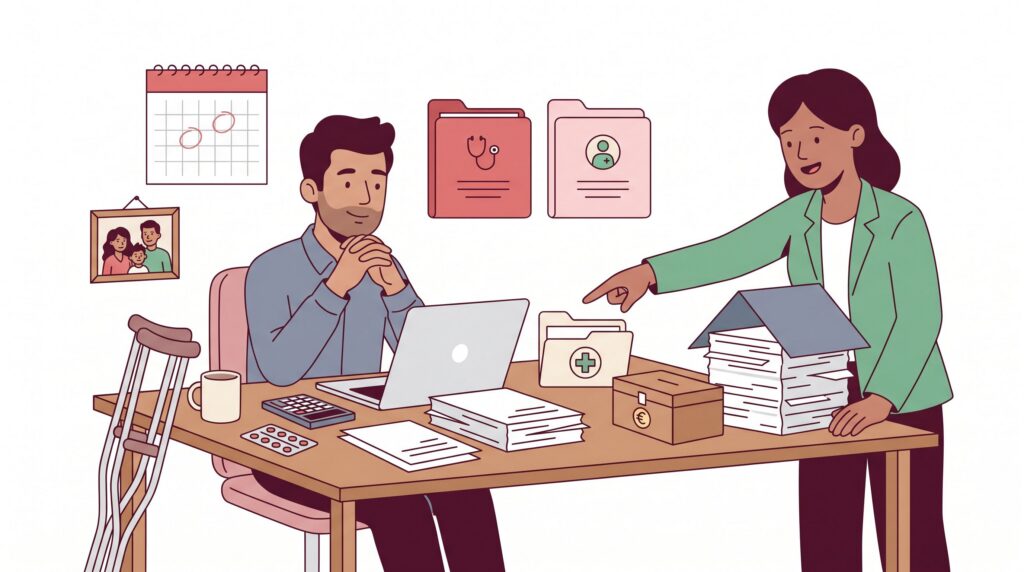 Illustration eines selbstständigen Gründers am Schreibtisch mit Beraterin, Unterlagen zu gesetzlicher und privater Krankenversicherung sowie Bausteinen für Krankheitsabsicherung und Berufsunfähigkeit.