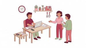 Illustration eines kapitalarmen Starts in die Selbstständigkeit mit Person am Schreibtisch, Laptop, Budgetplanung und ersten Kunden