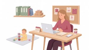 Illustration einer Frau im Homeoffice, die ihre Selbstständigkeit plant, während ein Kind daneben spielt.
