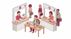 Illustration einer jungen Person, die eine nebenberufliche Selbstständigkeit startet und zwischen Gewerbeanmeldung und steuerlicher Erfassung abwägt, begleitet von Krankenkasse und Arbeitgeber