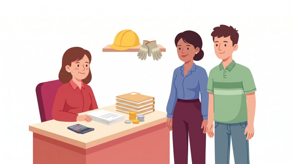 Illustration eines kleinen Betriebs mit Inhaberin am Schreibtisch, zwei Mitarbeitern, Unterlagen, Rechner sowie Schutzhelm und Handschuhen als Symbol für Mitarbeiterversicherungen und gesetzliche Unfallversicherung.