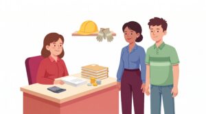 Illustration eines kleinen Betriebs mit Inhaberin am Schreibtisch, zwei Mitarbeitern, Unterlagen, Rechner sowie Schutzhelm und Handschuhen als Symbol für Mitarbeiterversicherungen und gesetzliche Unfallversicherung.