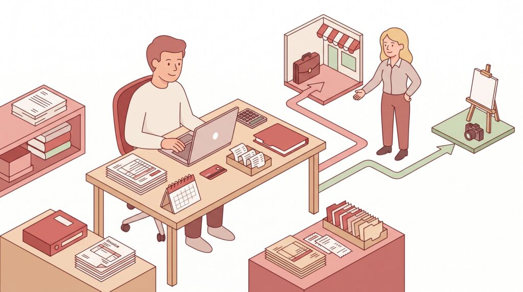 Illustration einer selbstständigen Person am Schreibtisch bei der steuerlichen Anmeldung mit beratender Person und zwei Wegen für Gewerbe und Freiberuflichkeit.