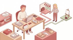 Illustration einer selbstständigen Person am Schreibtisch bei der steuerlichen Anmeldung mit beratender Person und zwei Wegen für Gewerbe und Freiberuflichkeit.