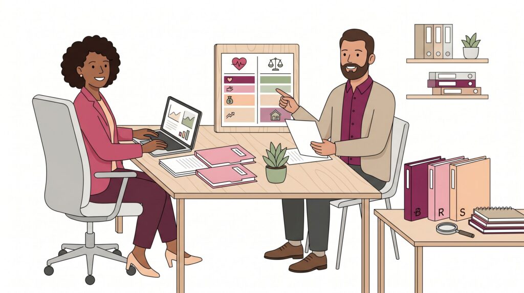 Selbstständige Person am Schreibtisch mit Laptop im Gespräch mit einem unabhängigen Versicherungsberater, der Unterlagen prüft und eine Vergleichstafel zeigt.