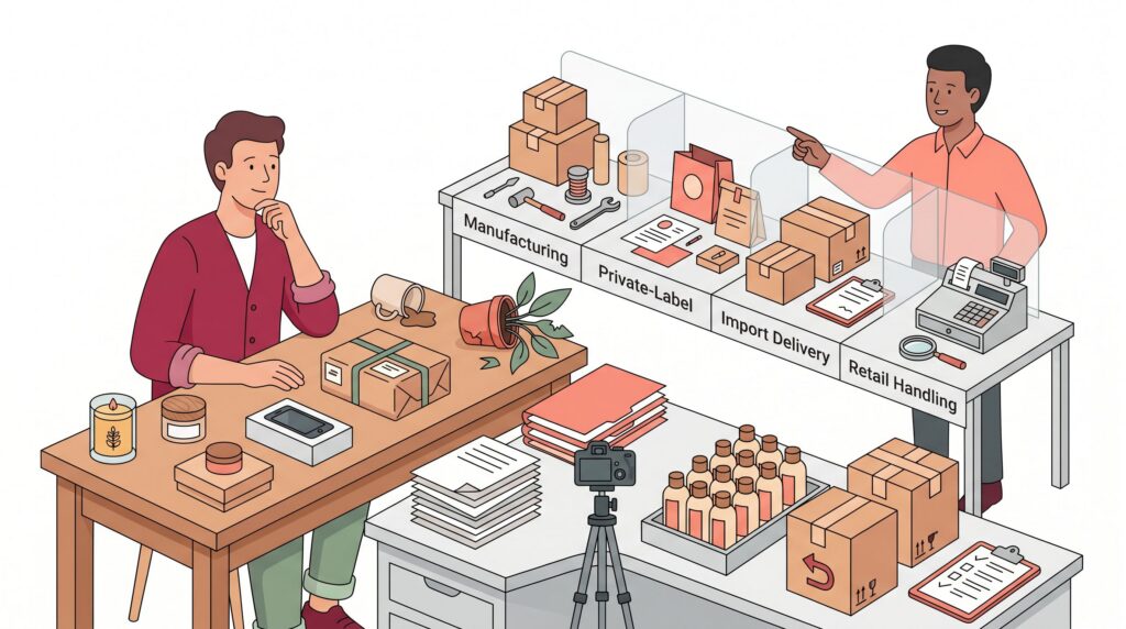 Illustration zur Relevanz des Produkthaftungsgesetzes für Selbstständige mit Werkbank, Produkten, Lieferkette, Dokumentation und Rückrufvorbereitung