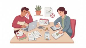 Illustration eines selbstständigen Menschen im Homeoffice während einer Krankheit mit Beraterin, Rechnungen, Rücklagen und Unterlagen zur Absicherung des Verdienstausfalls.