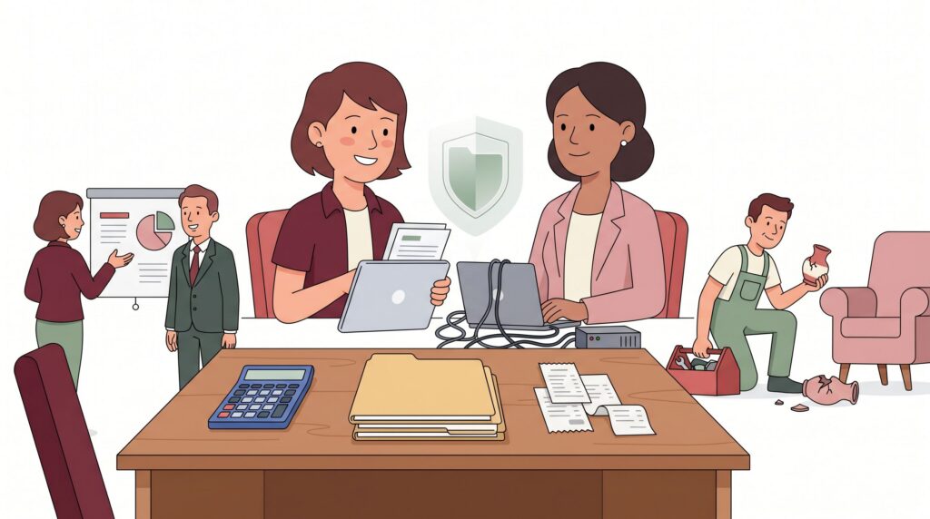 Illustration zur Berufshaftpflicht für Selbstständige mit selbstständiger Person am Schreibtisch, Beraterin, IT-Arbeit, Beratungsgespräch und begutachtetem Sachschaden beim Kunden