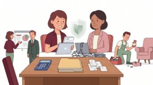 Illustration zur Berufshaftpflicht für Selbstständige mit selbstständiger Person am Schreibtisch, Beraterin, IT-Arbeit, Beratungsgespräch und begutachtetem Sachschaden beim Kunden