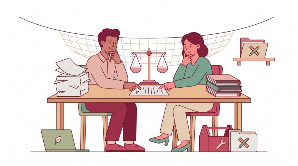 Selbstständige Fachperson und Kunde prüfen an einem Schreibtisch einen Vertrag; auf dem Tisch steht eine Waage, im Hintergrund ein Sicherheitsnetz als Symbol für rechtliche Grenzen und Risikosteuerung.