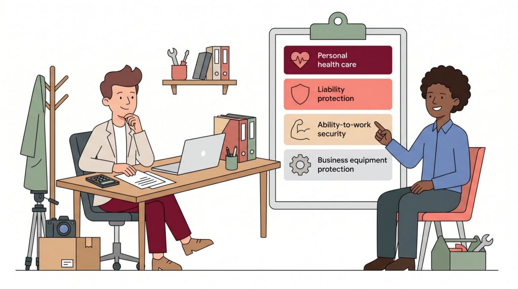 Illustration eines Selbstständigen im ersten Gewerbejahr mit Berater am Schreibtisch, der Versicherungsunterlagen und Prioritäten für Krankenversicherung, Haftpflicht, Arbeitskraft und Geschäftsausstattung prüft.