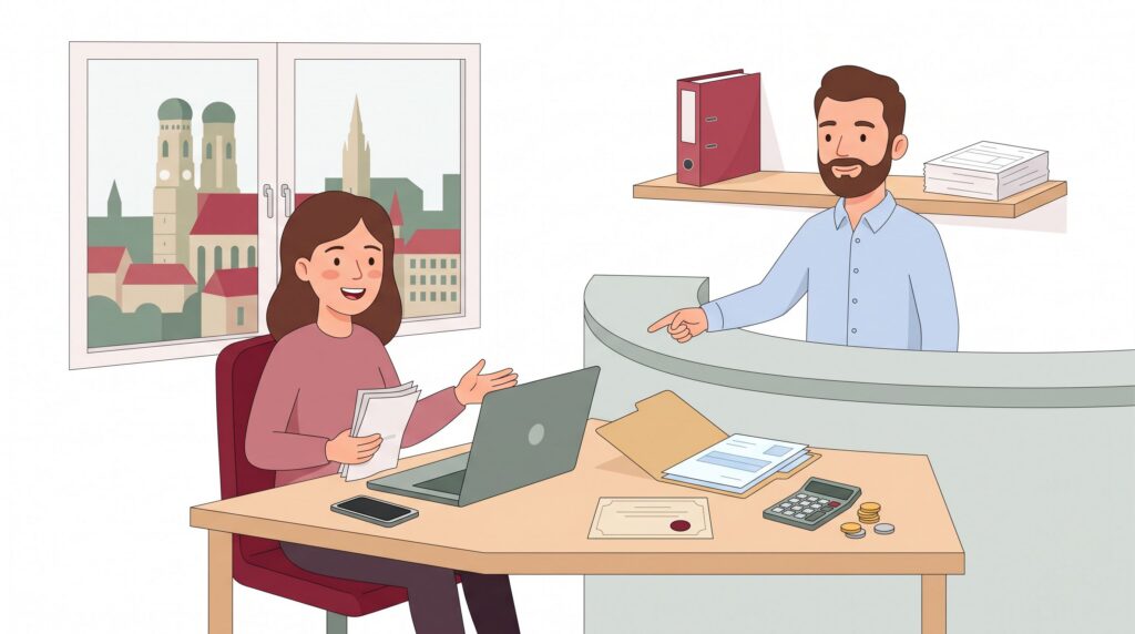 Freundliche Illustration zur Gewerbeanmeldung in München mit Gründerin am Schreibtisch, Laptop, Unterlagen und Servicekraft im Amt