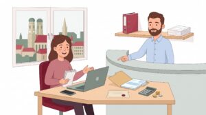 Freundliche Illustration zur Gewerbeanmeldung in München mit Gründerin am Schreibtisch, Laptop, Unterlagen und Servicekraft im Amt