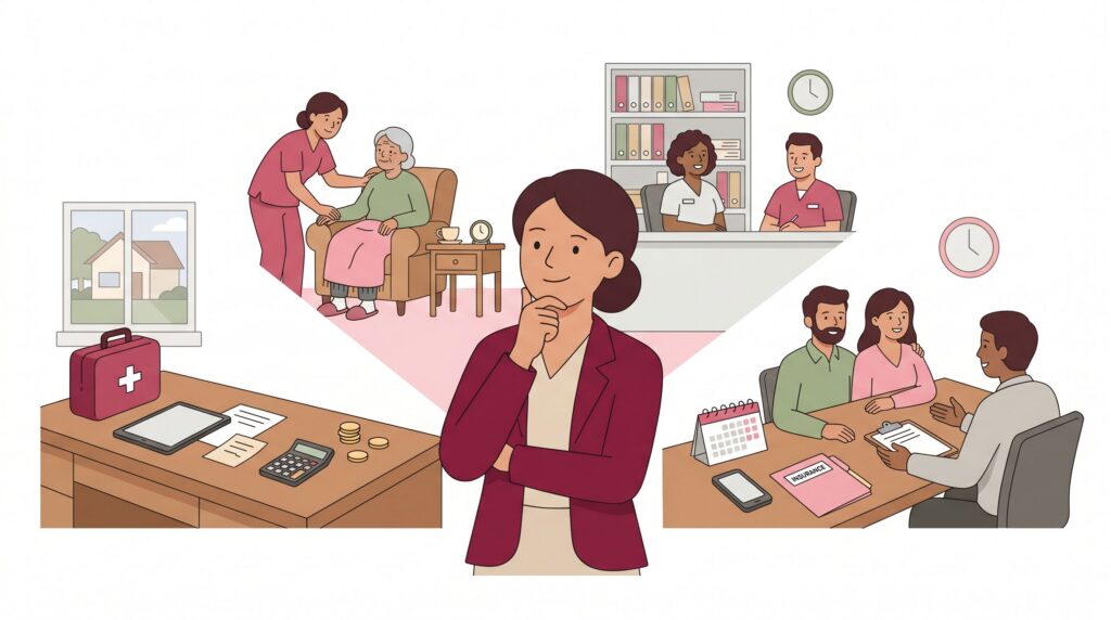Illustration einer selbstständigen Pflegekraft, die zwischen vier Wegen der Selbstständigkeit wählt: freiberufliche Pflege, Einzelpflege, Betreuung im Nebenerwerb und eigener Pflegedienst.