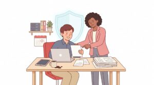 Illustration eines Freiberuflers im Homeoffice mit Beraterin, Laptop, Unterlagen, verschüttetem Kaffee und schützender Schildform als Symbol für Berufshaftpflicht