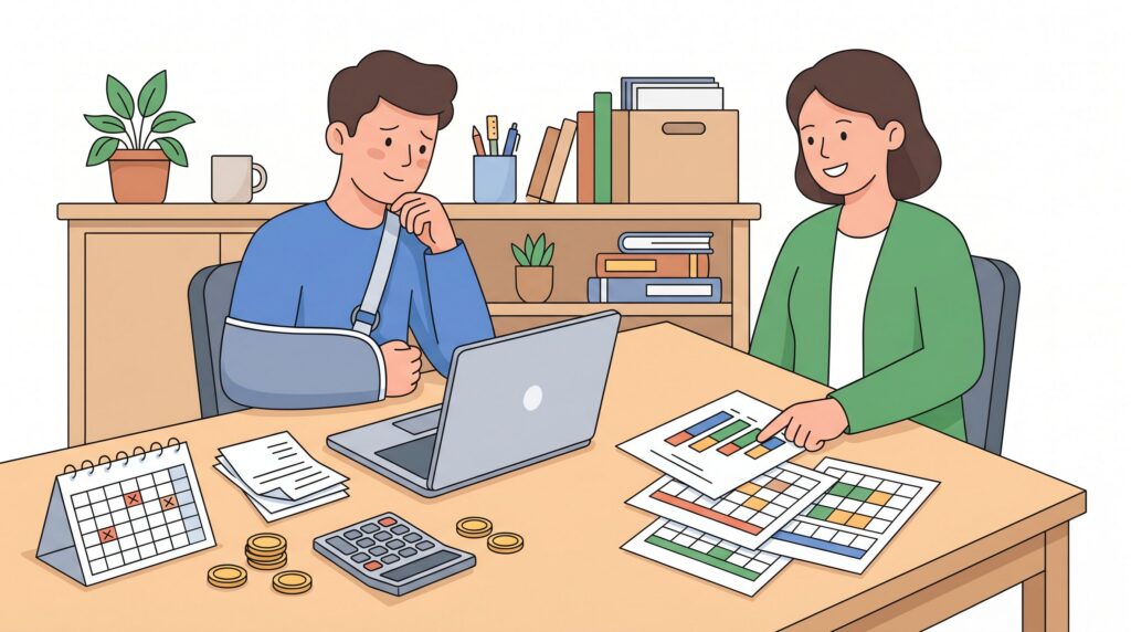 Illustration eines selbstständigen Mannes mit Armschlinge im Homeoffice, der mit einer Beraterin über Krankentagegeld, Karenzzeit und Kostenplanung spricht.