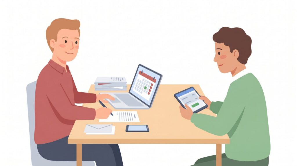 Freundliche Illustration eines selbstständigen Unternehmers am Schreibtisch mit Unterlagen, Laptop und Kunde in kooperativer Gesprächssituation zu einer offenen Rechnung