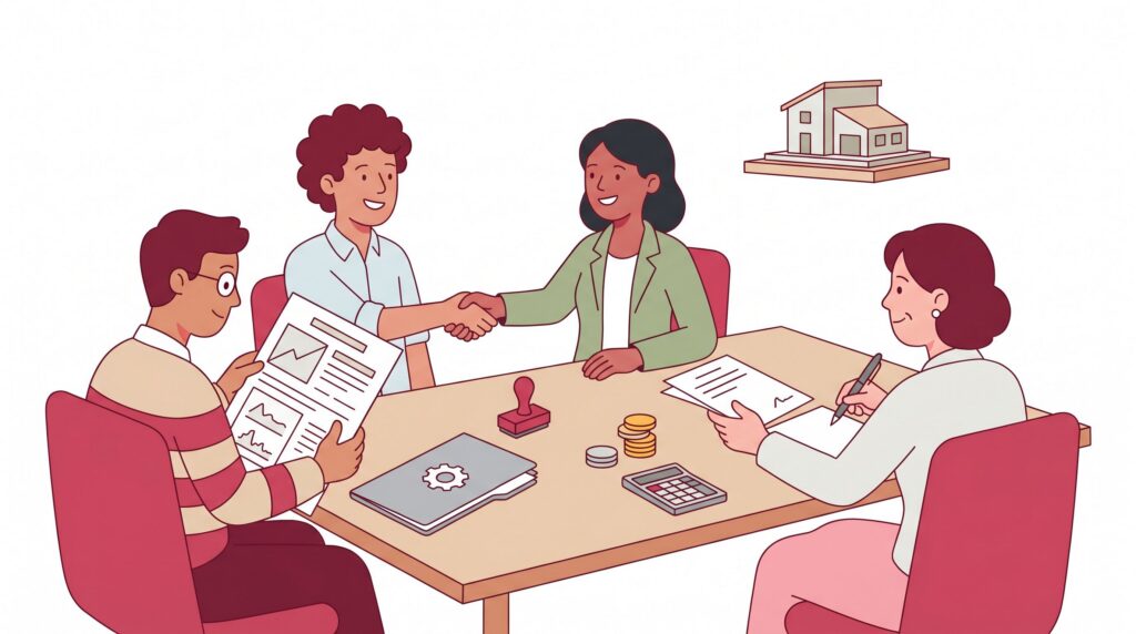 Illustration zur OHG-Gründung mit Gründern am Tisch, Vertrag, Handschlag und notarieller Anmeldung