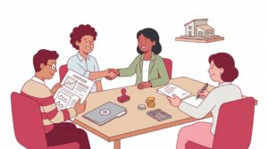 Illustration zur OHG-Gründung mit Gründern am Tisch, Vertrag, Handschlag und notarieller Anmeldung