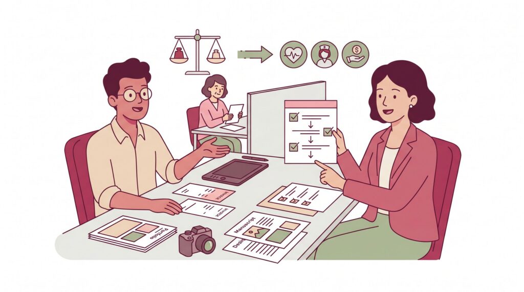 Illustration zur Künstlersozialkasse mit selbstständiger kreativer Person beim Antrag, beratender Person am Schreibtisch und Unterlagen zu Portfolio, Rechnungen und Abgabeprüfung