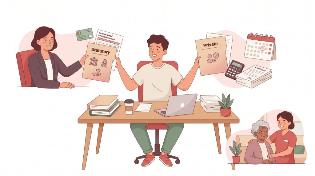 Illustration eines Freiberuflers im Homeoffice, der zwischen gesetzlicher und privater Pflegeabsicherung vergleicht, mit Beraterin, Unterlagen und einer kleinen Pflegeszene im Hintergrund.